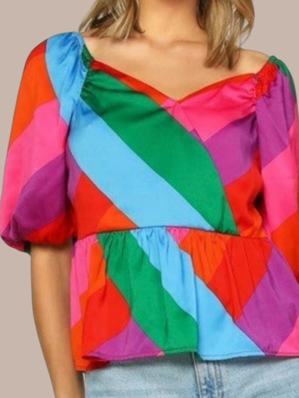 NWT Skies Are Blue Colorblock Peplum Puff Sleeve Top - Bright Multi Medium